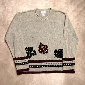 Vintage 90s Studio Works Knit Sweater Cream Fall Foliage Leaf Embroidered Boho